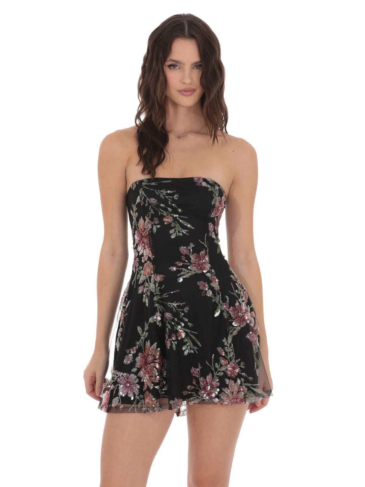 Black homecoming dress with strapless neckline