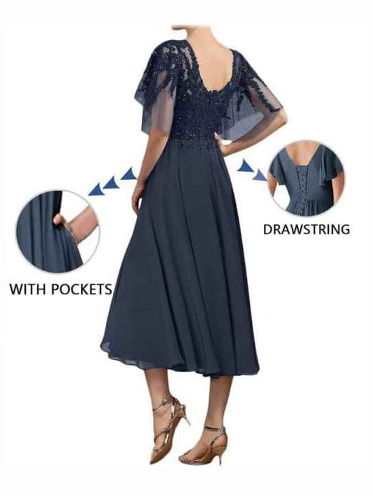 Dark navy V-neck beaded A-line tea-length formal dress with sheer flutter sleeves