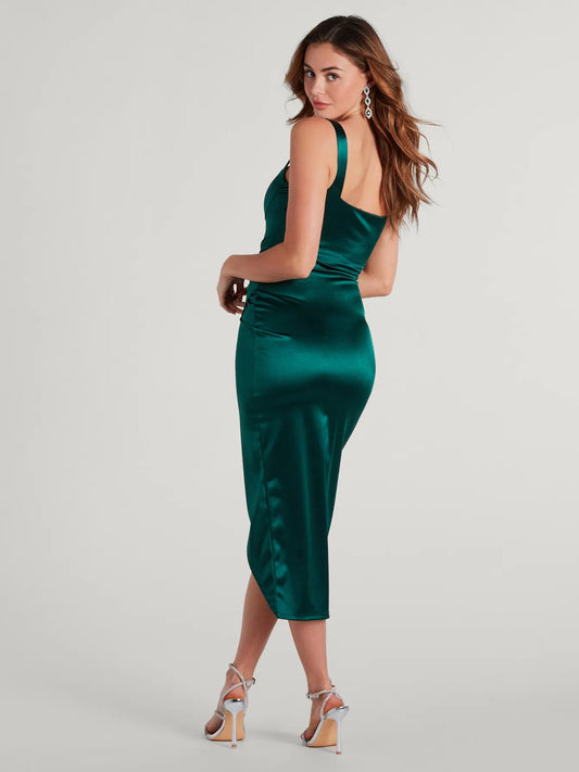Teal satin midi dress in side view with square neckline, spaghetti straps, ruched skirt and slit