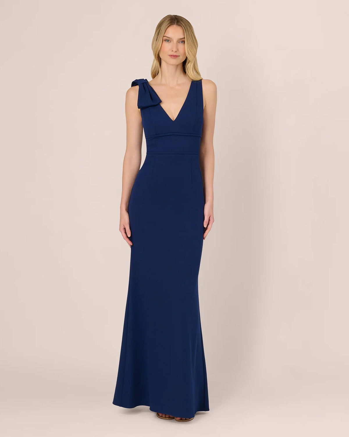 Navy blue sleeveless V-neck A-line maxi dress with shoulder bow detail