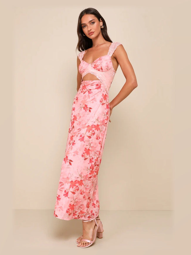 Pink Floral formal dress with sweetheart neckline