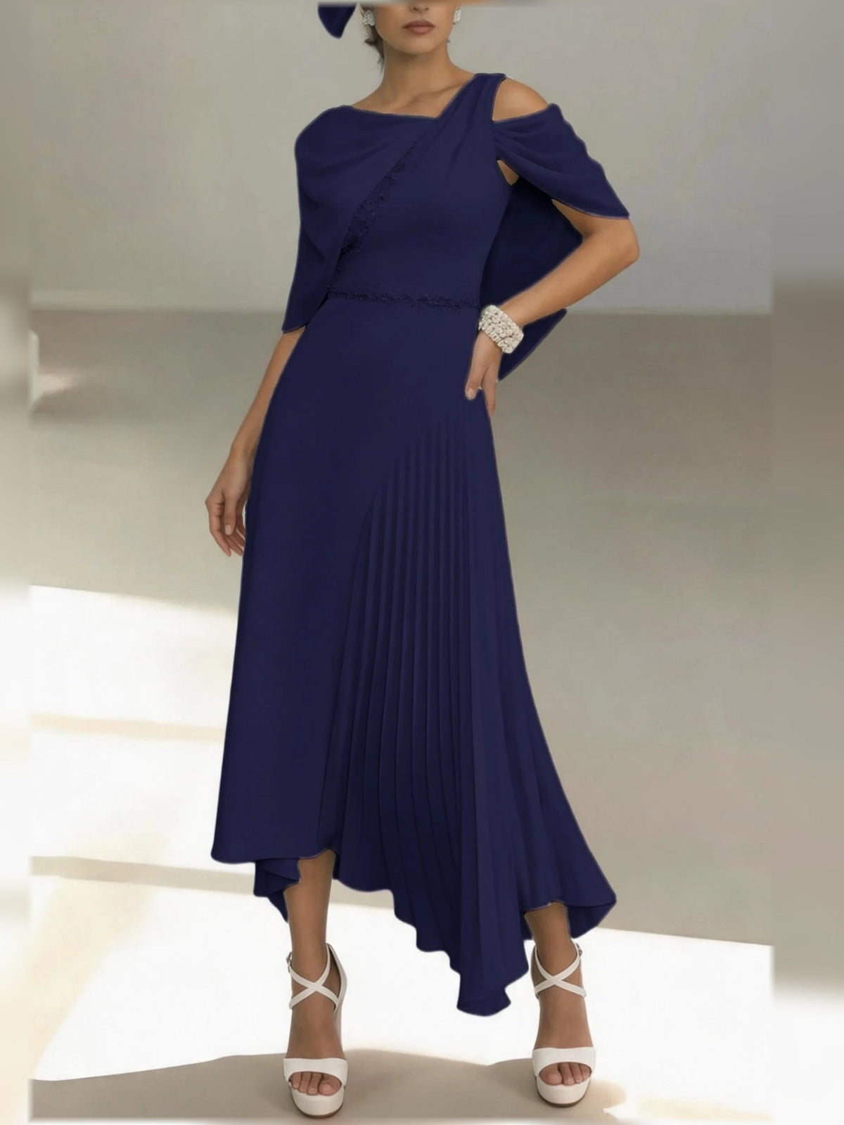 Dark navy one-shoulder pleated A-line midi chiffon dress with draped sleeve