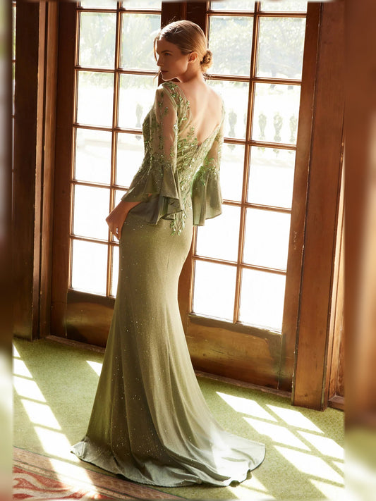 Sage green sequin V-neck maxi sheath dress with side slit and flutter bell sleeves