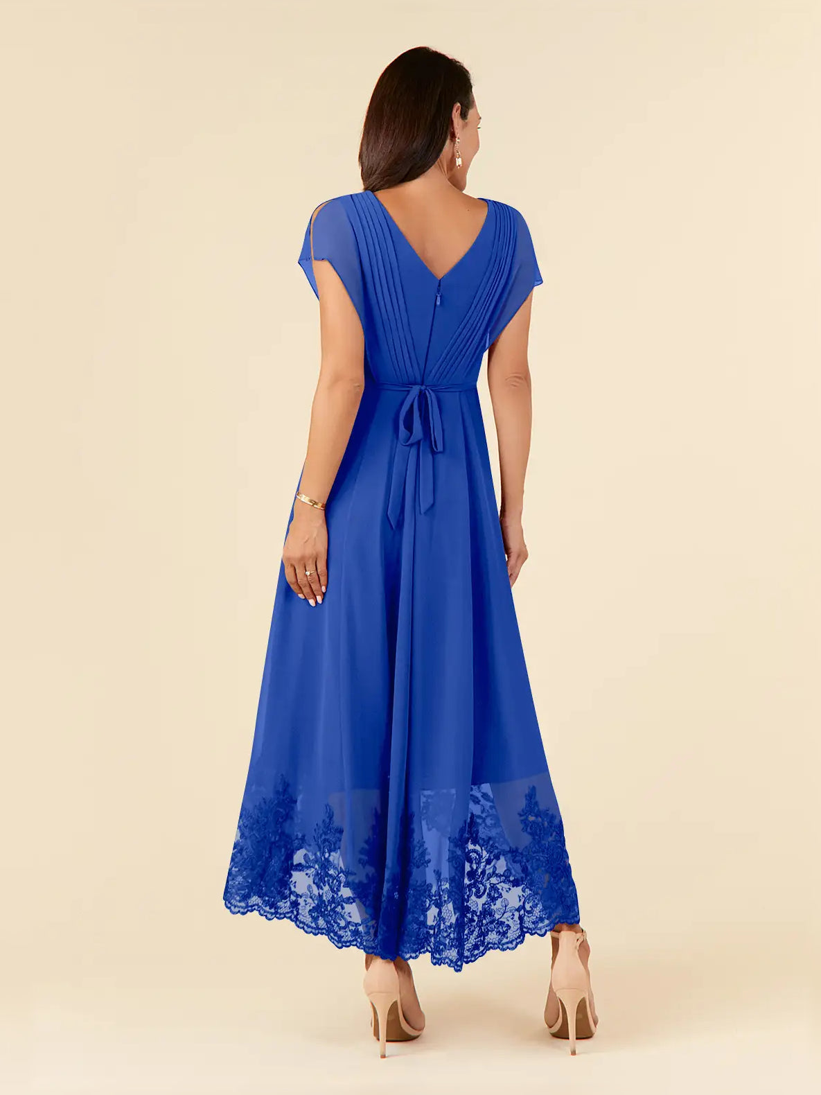Royal blue V-neck A-line midi chiffon dress with tie waist and lace-trimmed hem