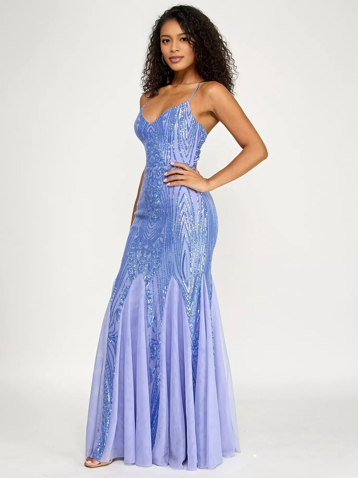 Periwinkle beaded sequin sweetheart mermaid prom dress with thin straps and airy tulle skirt
