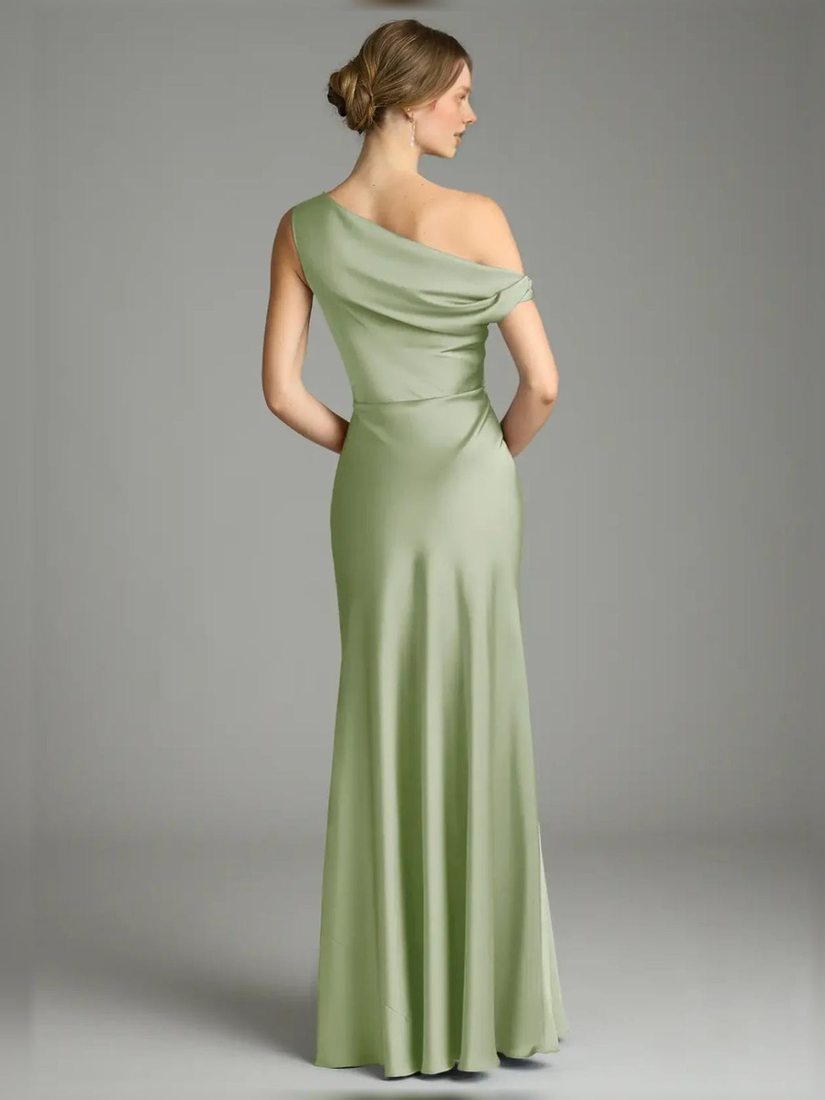 Dusty sage satin off-shoulder mermaid gown, side view, pleated drape to floor