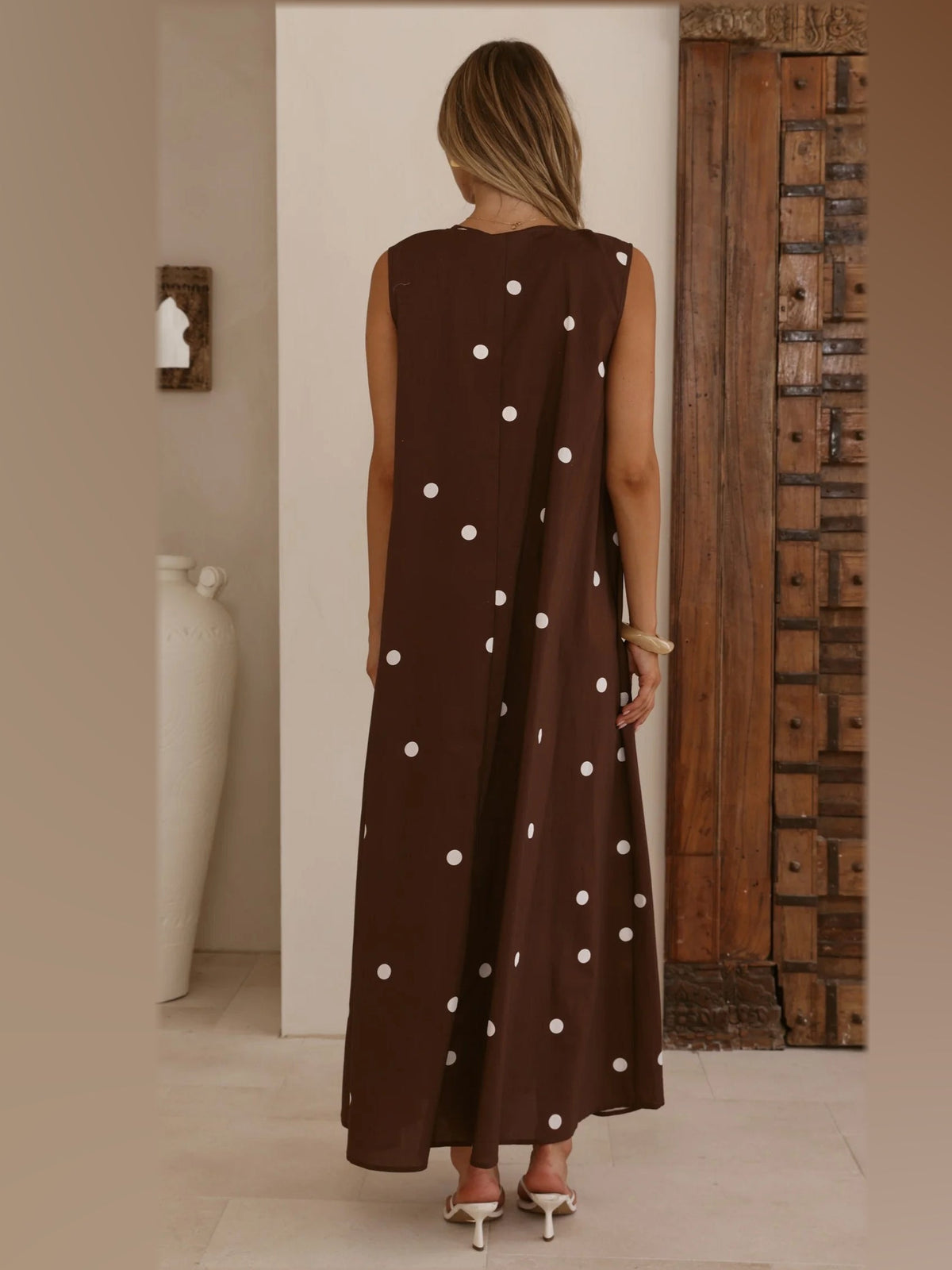 Chocolate maxi formal dress, back full-length view showing the bodice
