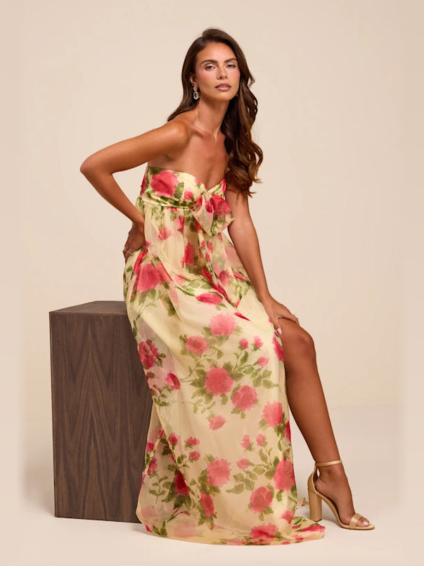 Light Yellow Floral formal dress with strapless neckline