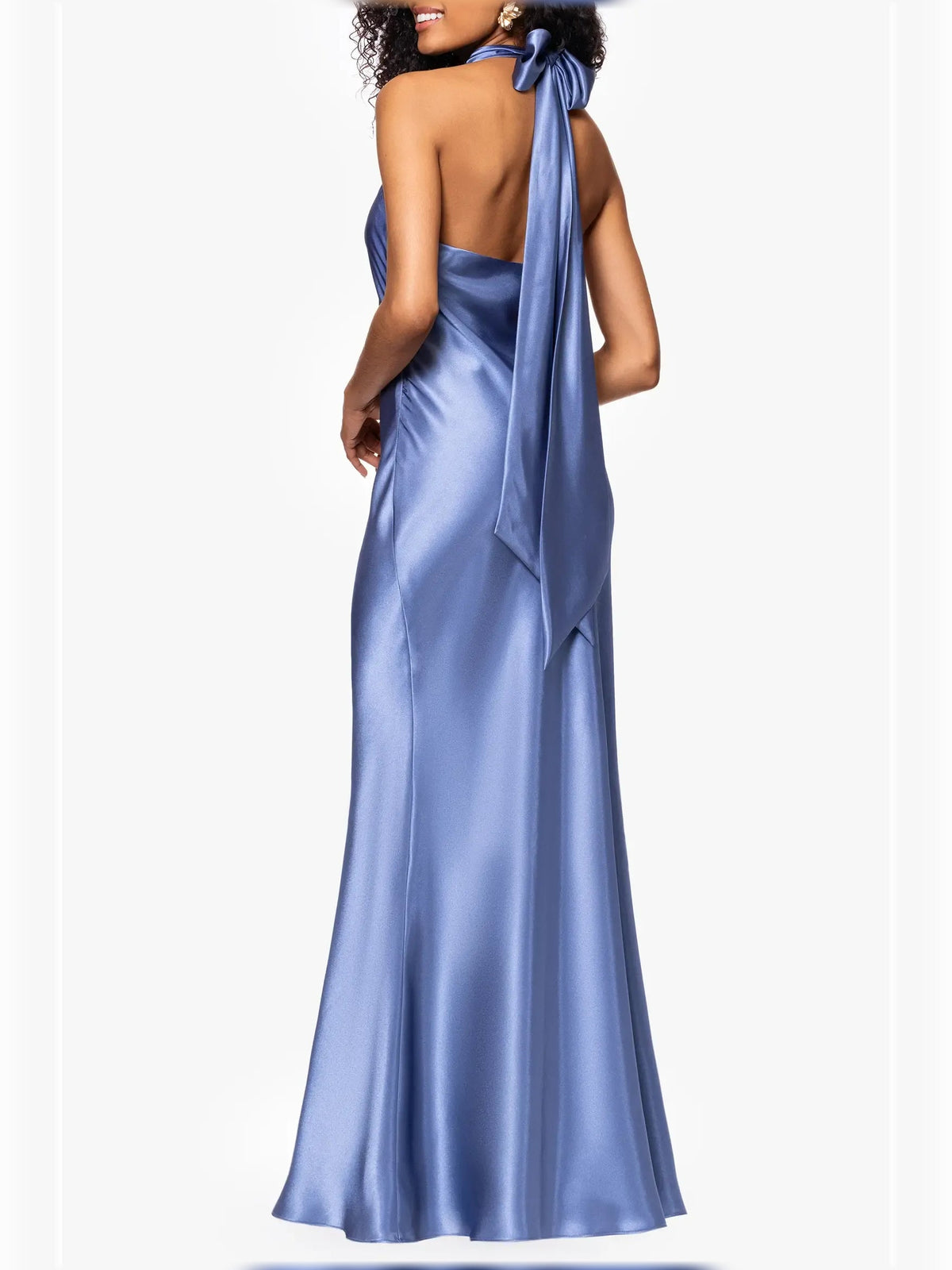 Blue satin halter open-back mermaid dress with back tie detail