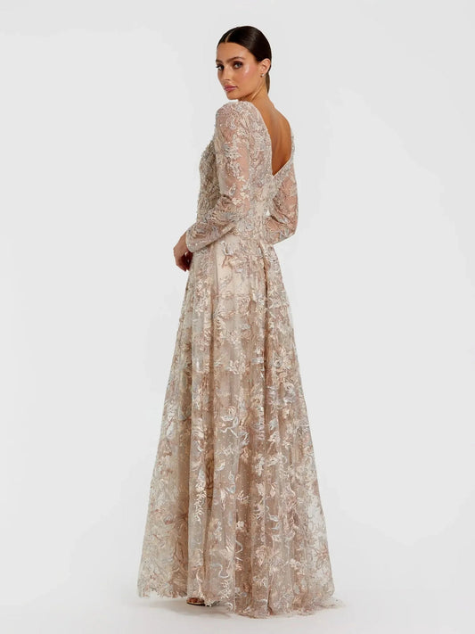 Champagne V-neck long-sleeve formal dress, sheer lace sleeves and full skirt
