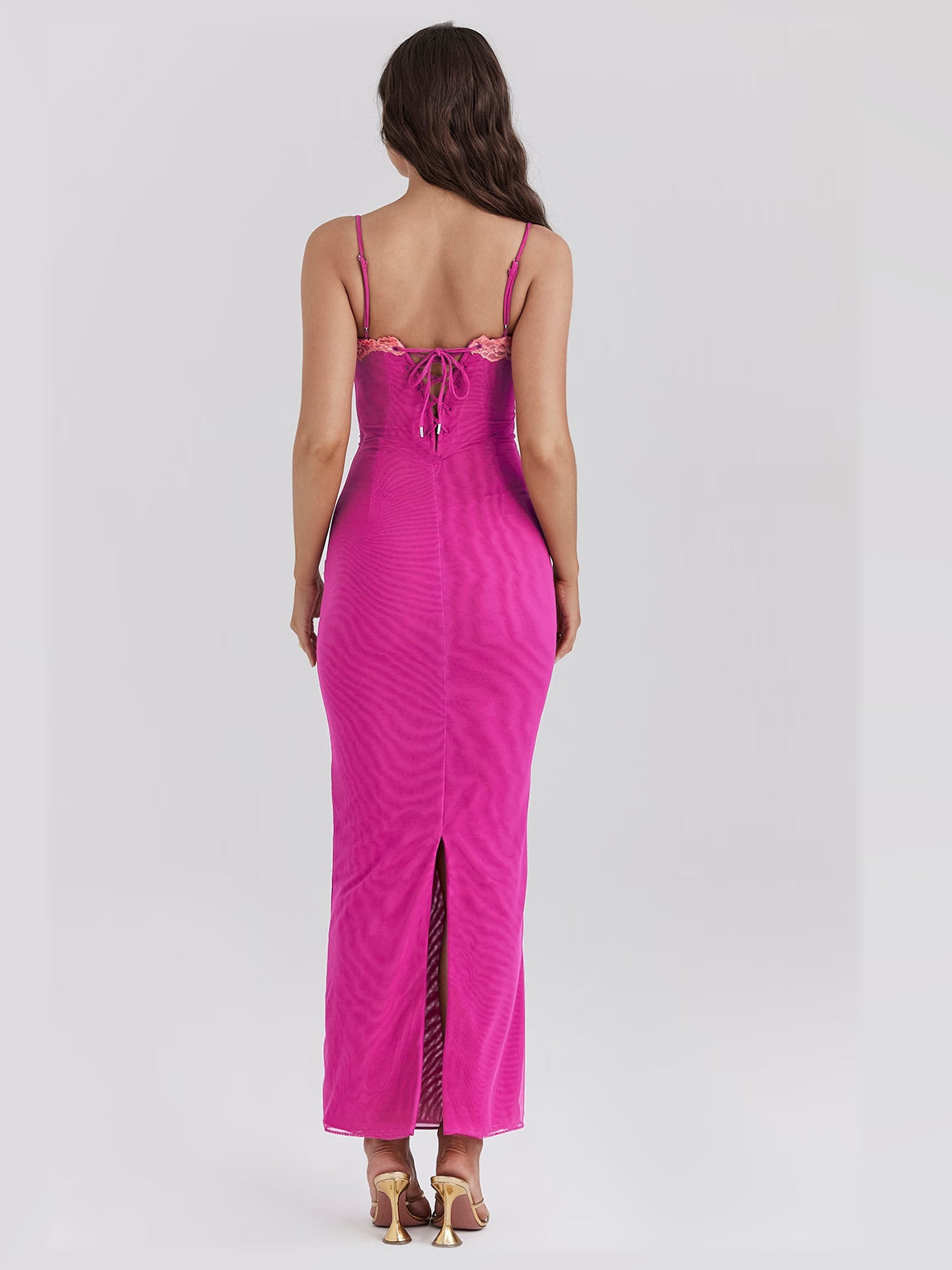 Hot Pink maxi formal dress, back full-length view showing the bodice
