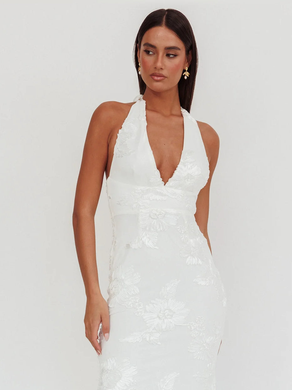 White formal dress with halter neck neckline