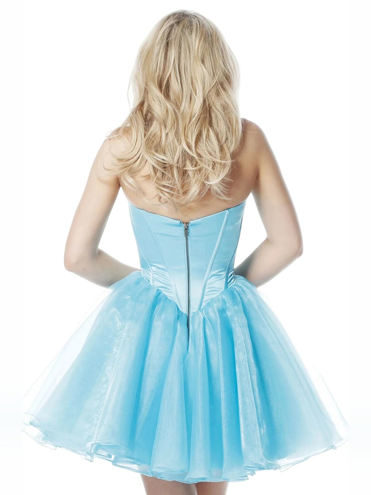 Sky blue satin corset dress with V-back and A-line short skirt with tulle hem