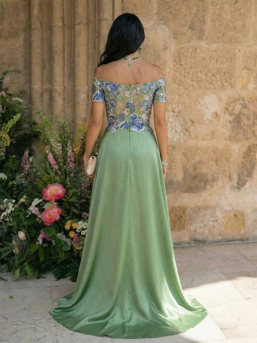 Sage green embroidered satin sheath dress, open-back design, short sleeves, draped floor skirt