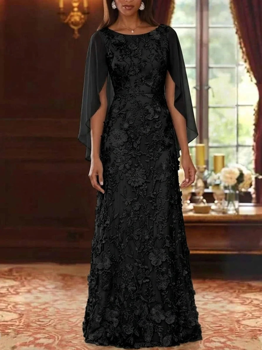 Black floral lace A-line maxi dress with round neck and draped chiffon sleeves