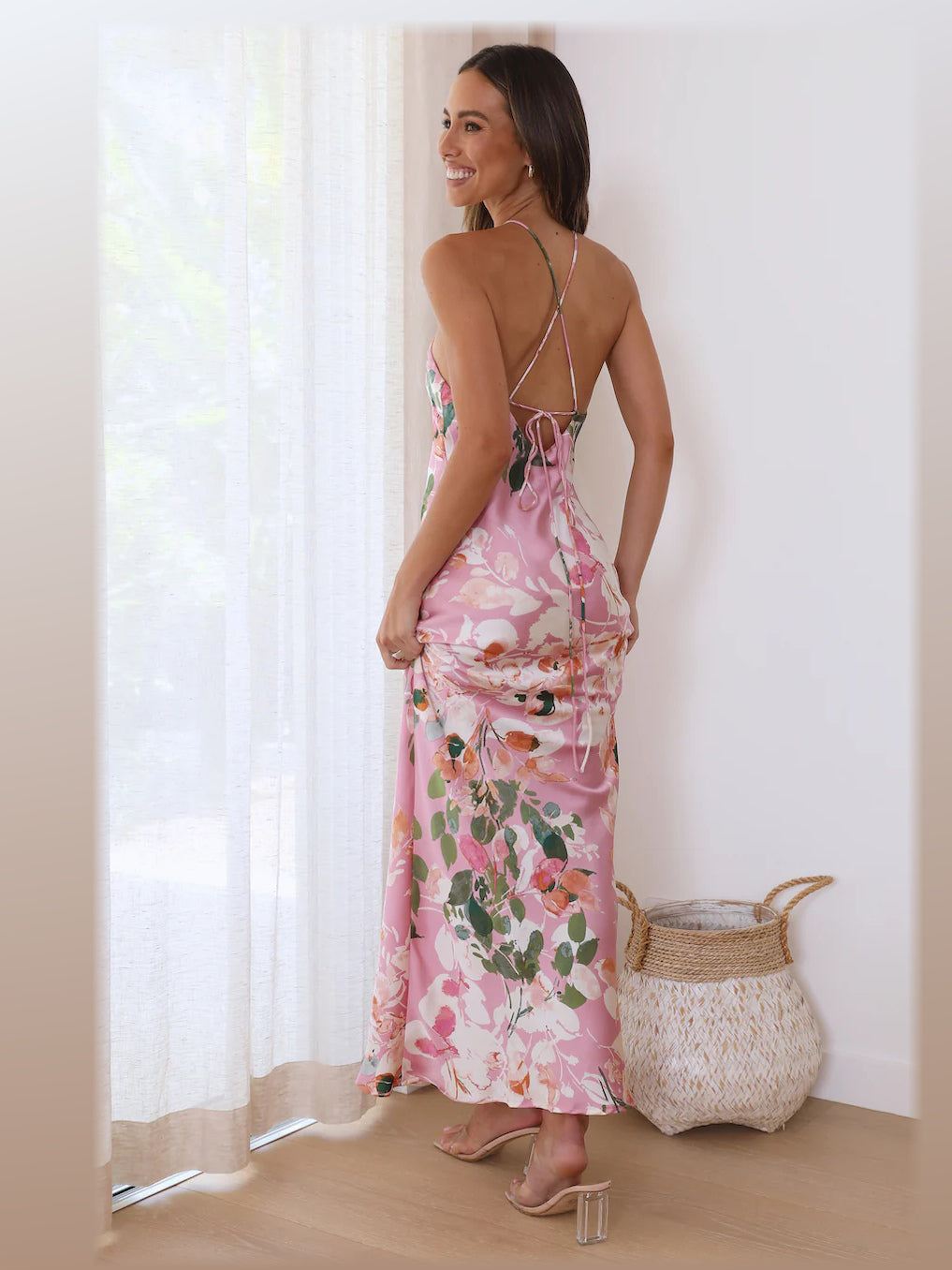Pink maxi formal dress, back full-length view showing the bodice
