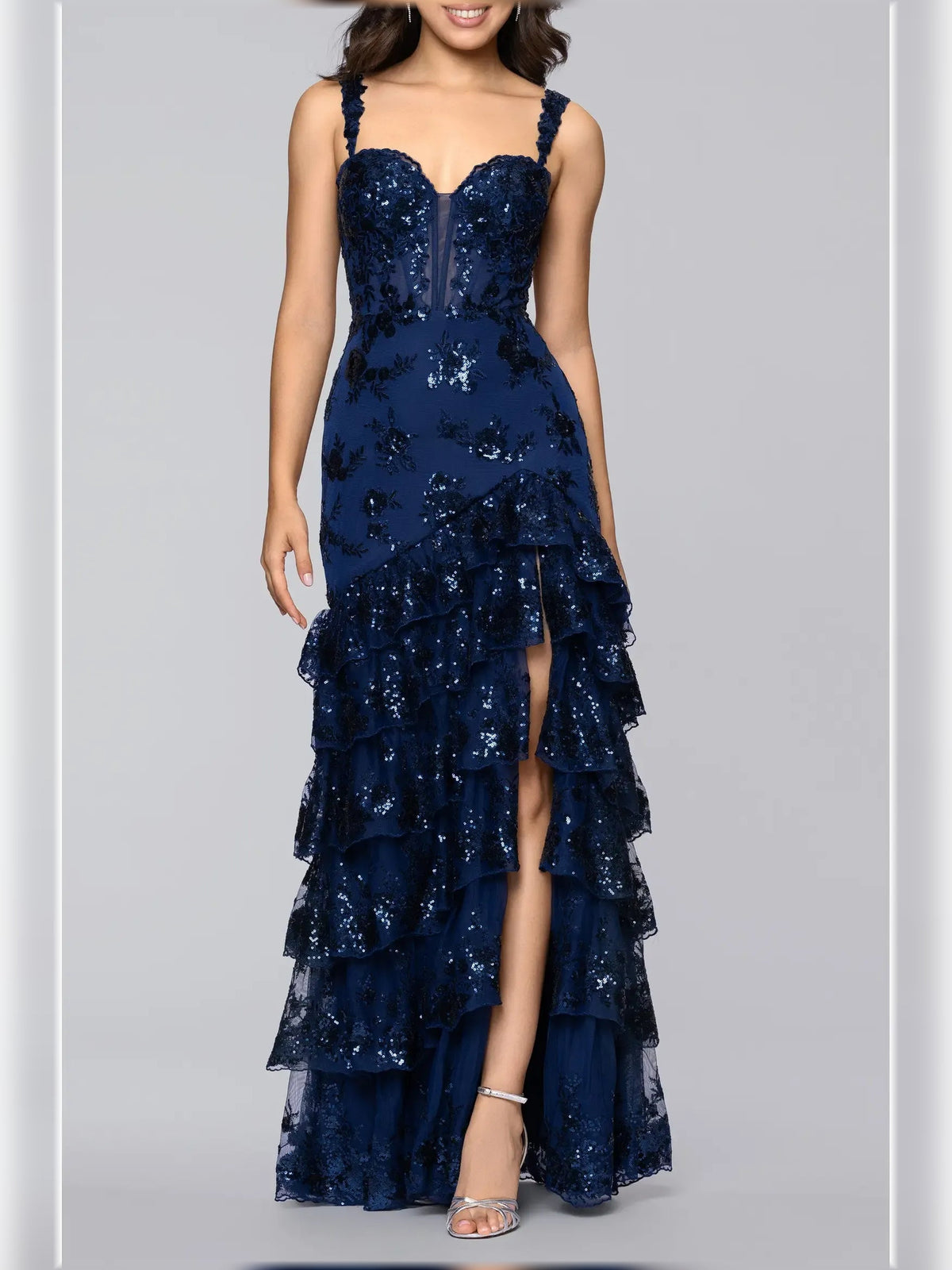 Navy blue floral sweetheart spaghetti-strap formal dress with tiered ruffles and front slit