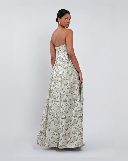 A-line maxi dress with open back and thin straps, sage-green floral print