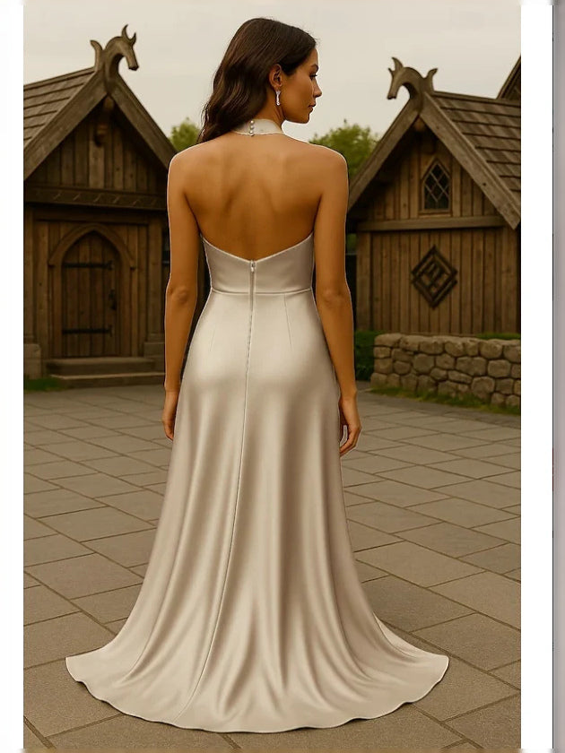 Champagne satin draped halter prom dress, backless open back, floor-length A-line