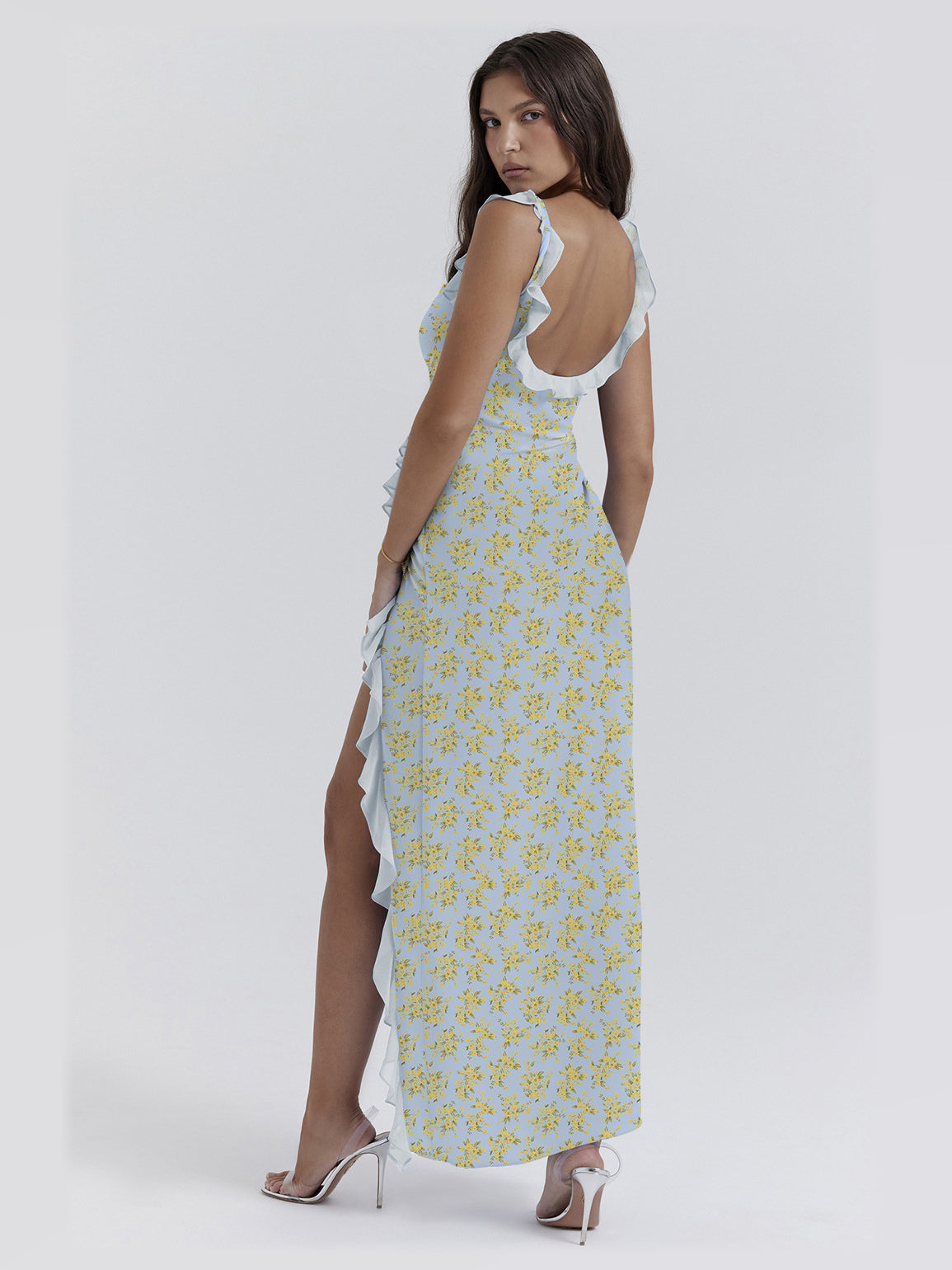 Blue maxi formal dress, back full-length view showing the bodice