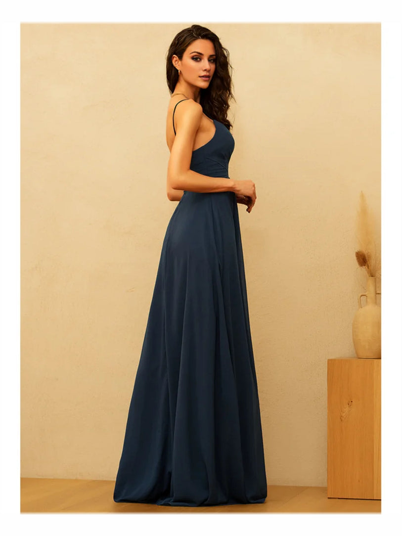 Dark navy V-neck A-line maxi chiffon dress, sleeveless with draped bodice