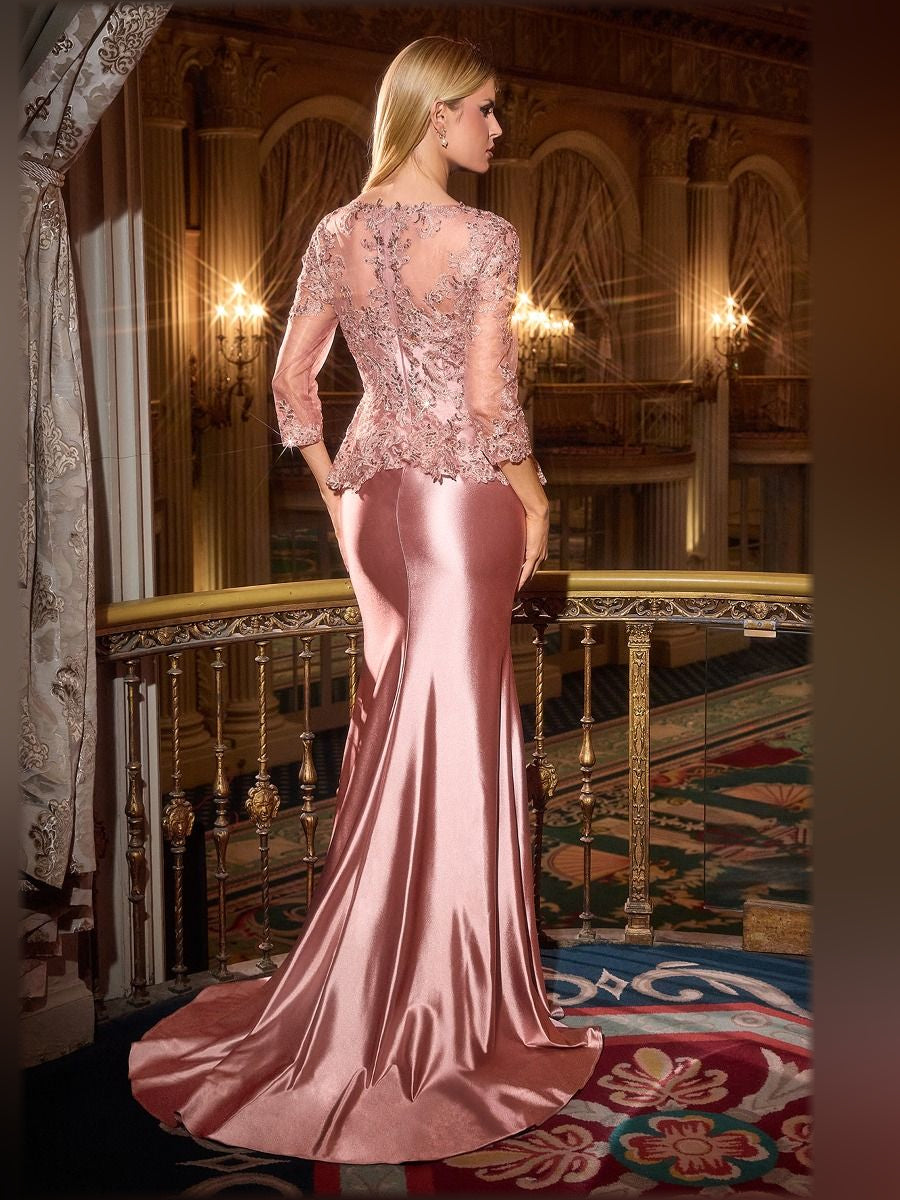 Dusty rose satin mermaid formal dress, back view with lace 3/4 sleeves, floor-length