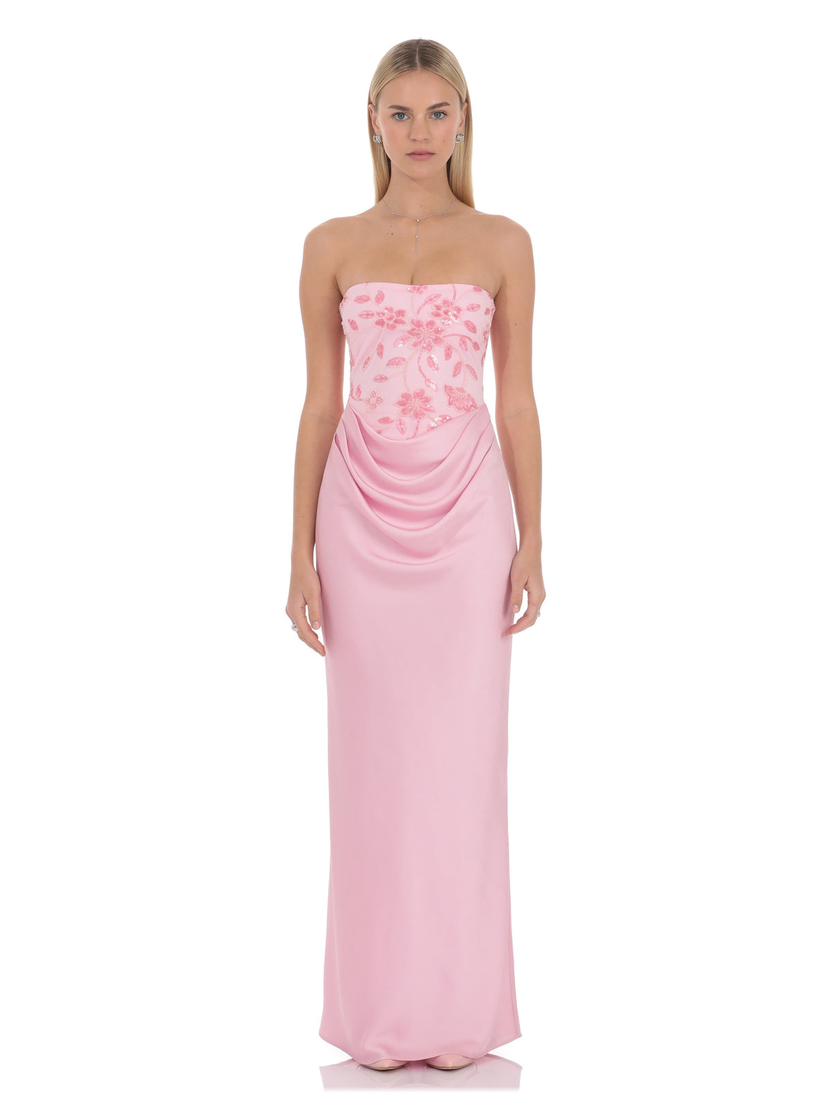 Pink bridesmaid dress with strapless neckline