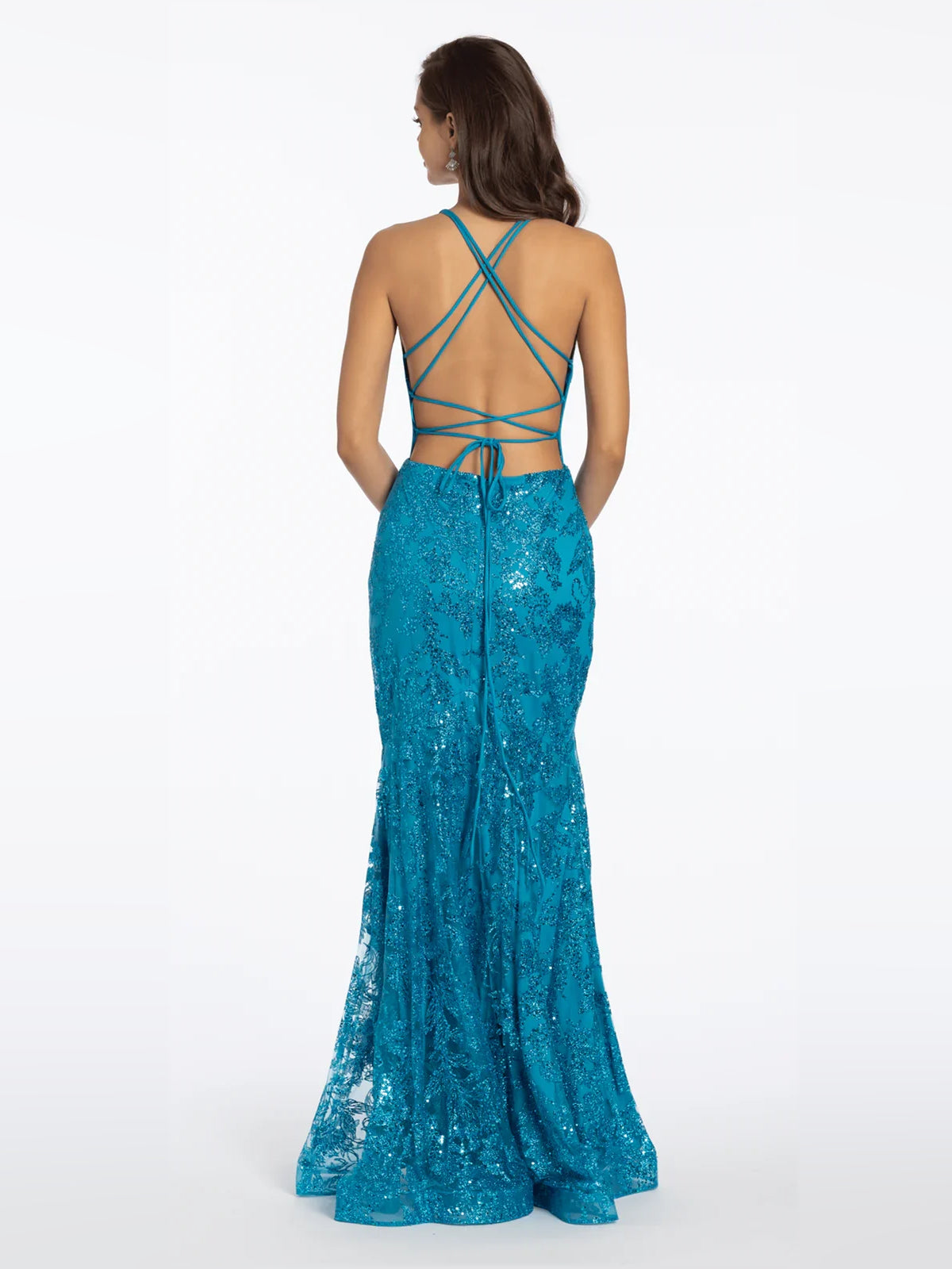 Turquoise sequin mermaid prom dress with crisscross back straps