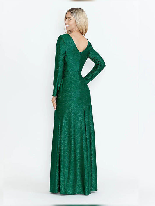 Emerald green V-neck long-sleeve ruched floor-length dress, side slit detail
