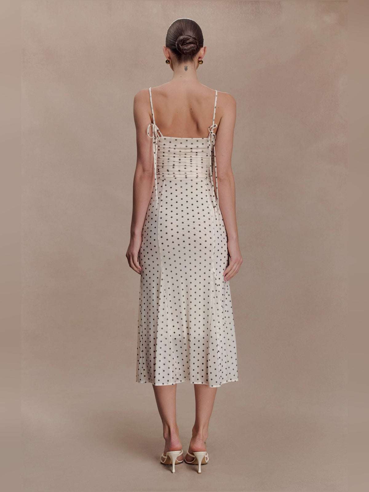 Polka-dot mesh midi formal dress, open back with spaghetti straps