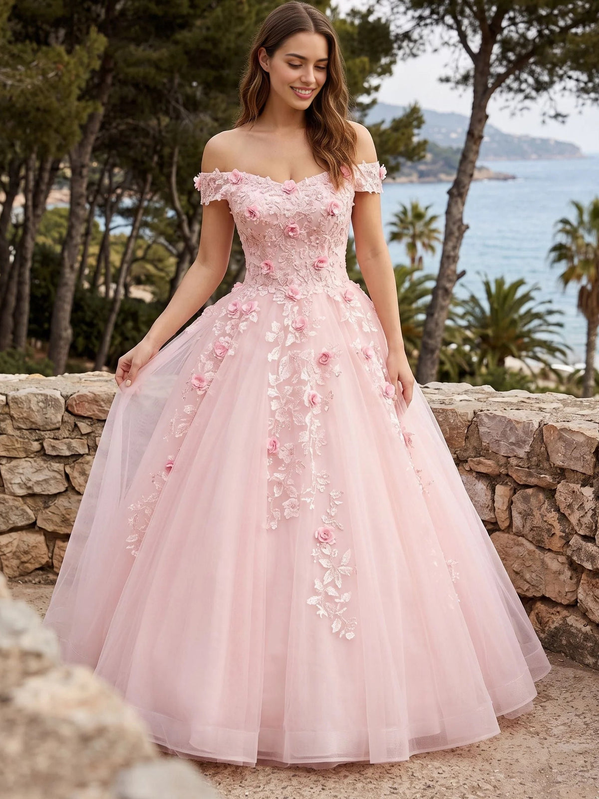 Blush pink off-shoulder floral embroidered tulle prom dress, corset bodice, full A-line skirt