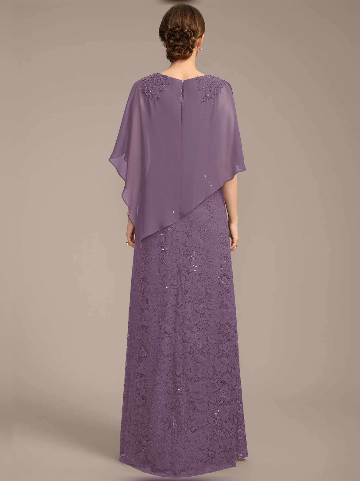 Purple sequin sheath dress back view, chiffon cape overlay, floor-length