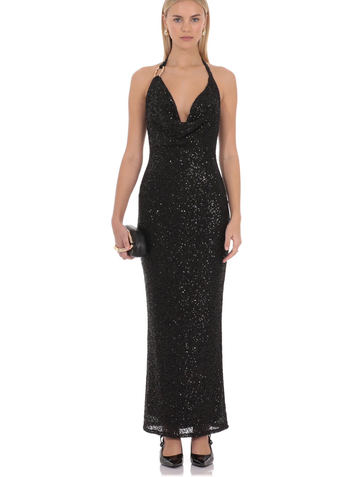Black bridesmaid dress with cowl neck neckline