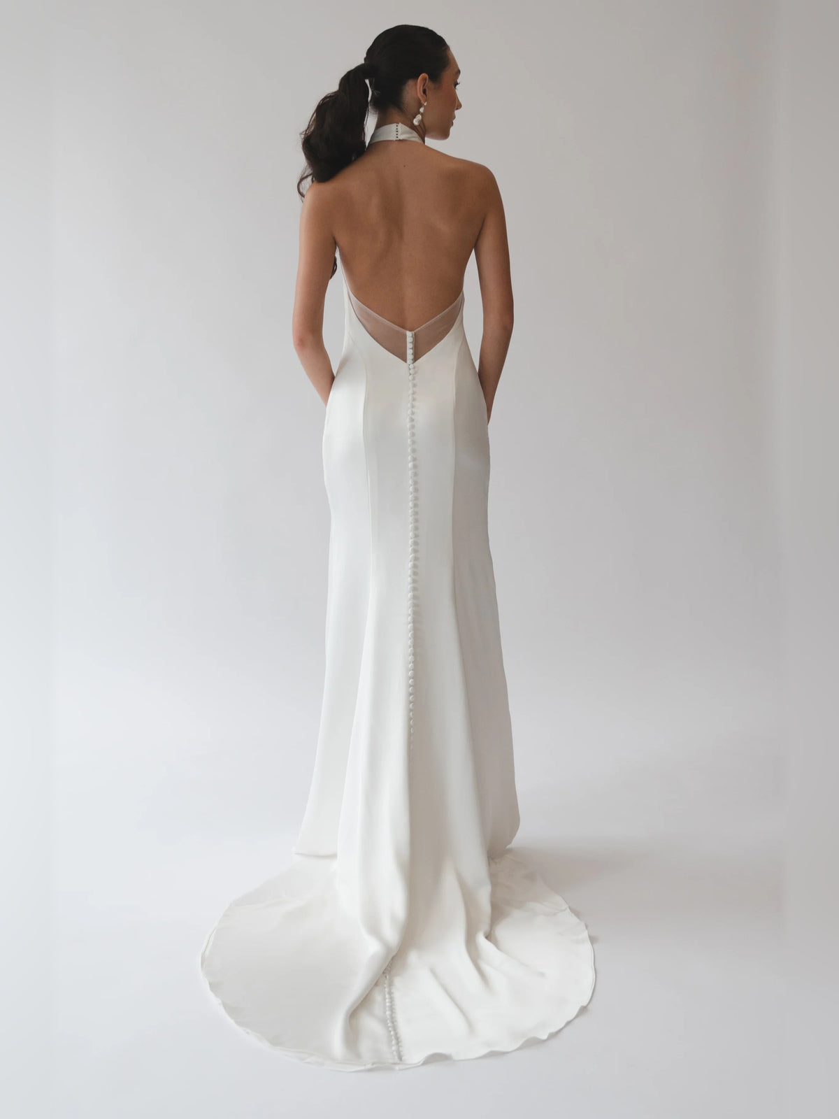 Ivory backless halter sheath formal dress, open back with draped straps