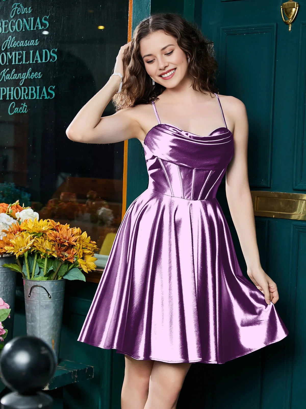 Purple satin A-line mini homecoming dress with corset bodice, cowl neck, spaghetti straps