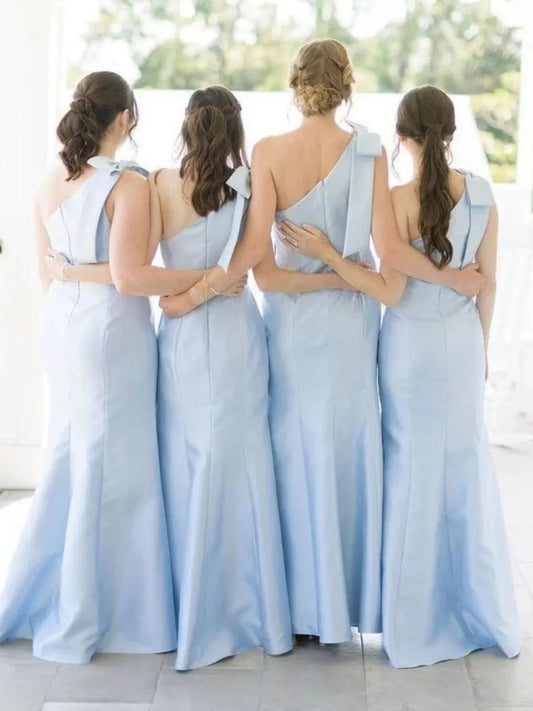 One-shoulder A-line satin bridesmaid dress, light blue, back view with tied straps