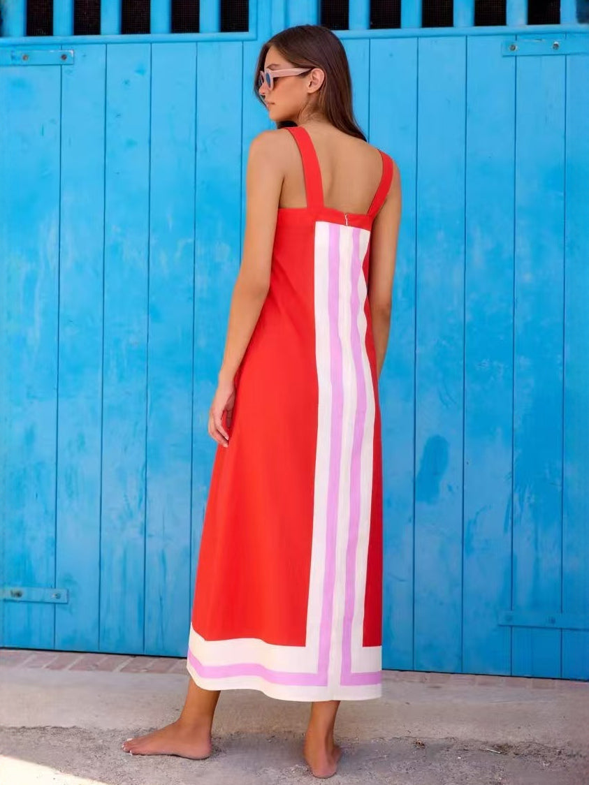 Red White Stripe a-line maxi formal dress with printed pattern, full-length back view