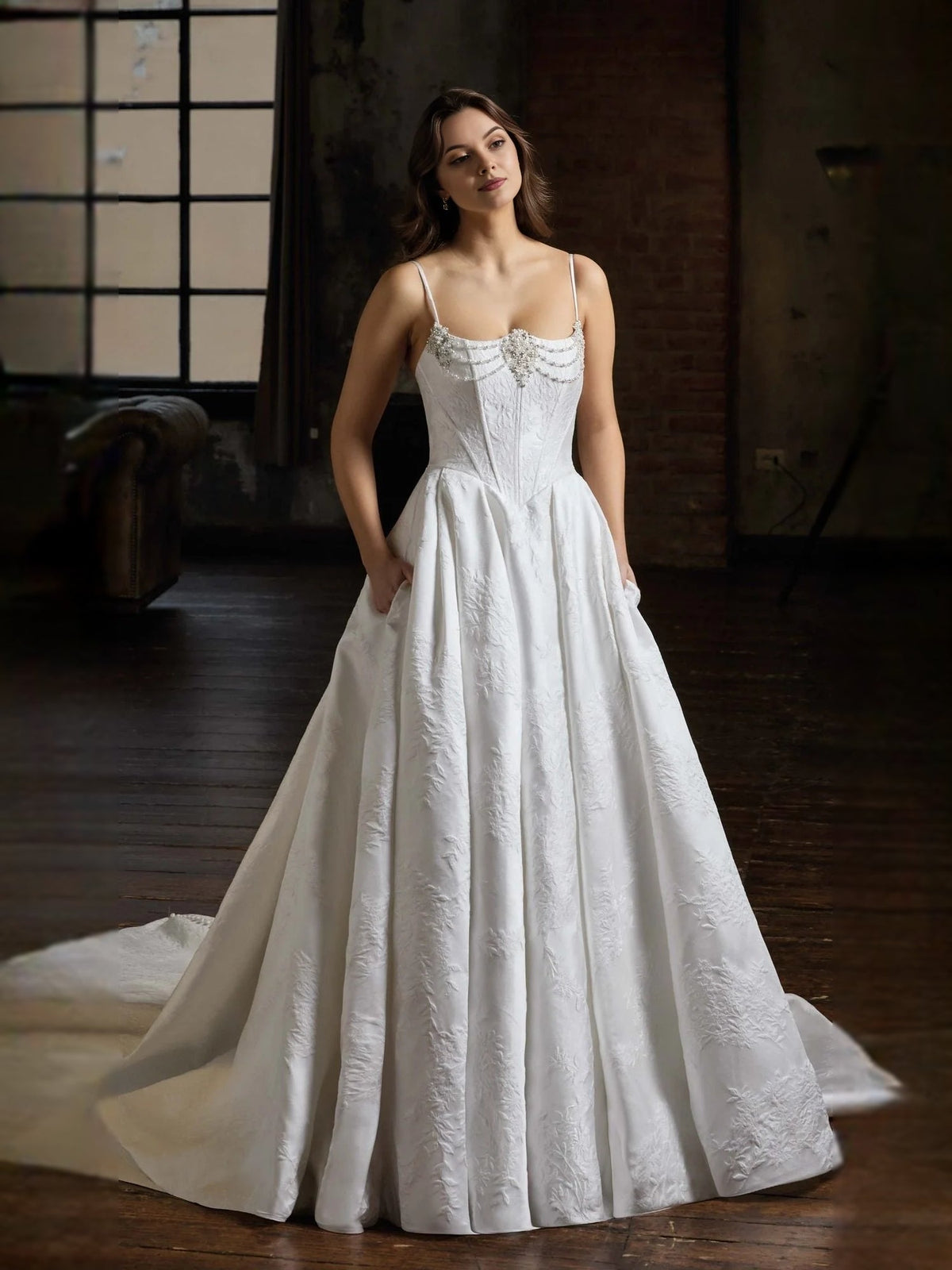 Ivory satin ball-gown wedding dress with square neckline, beaded floral bodice and corset