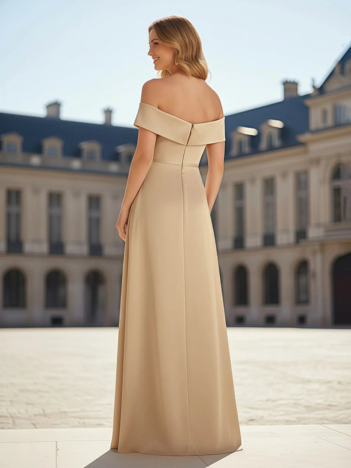 Champagne off-shoulder floor-length A-line formal dress, ruched waist, side view