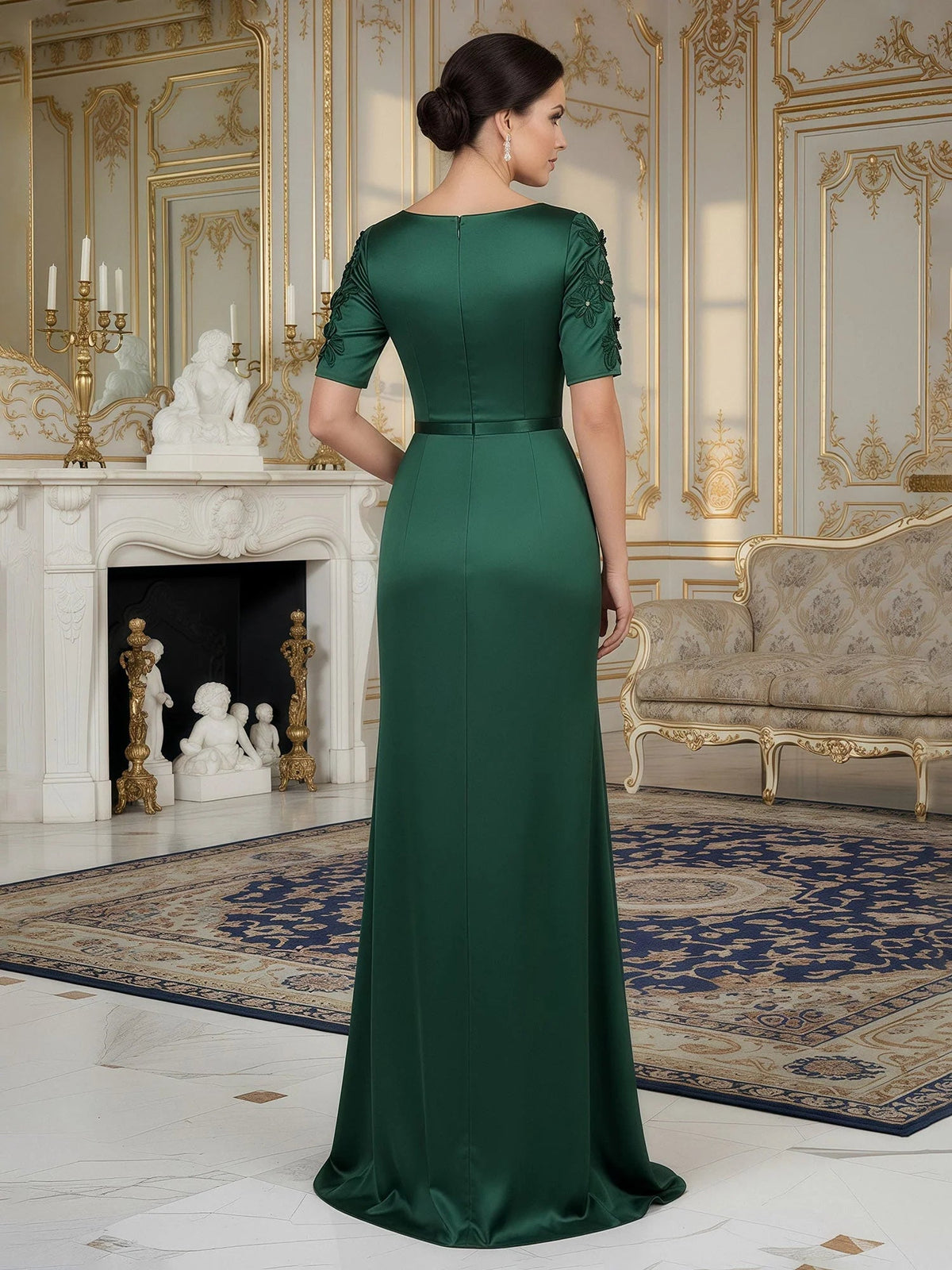 Dark green satin mermaid dress with elbow-length puff sleeves, back view, and front slit