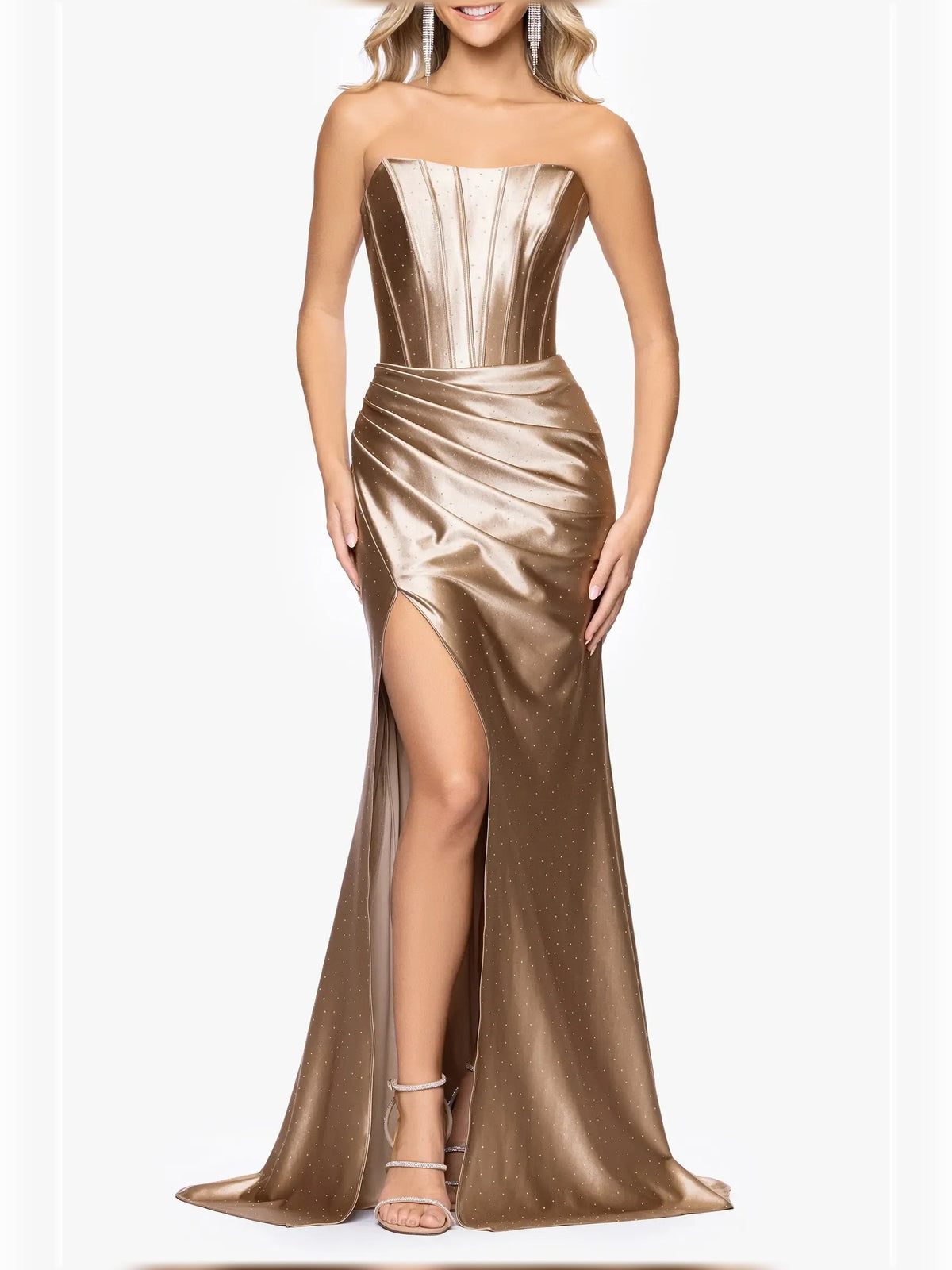 Taupe strapless corset formal dress with ruched waist and high side slit