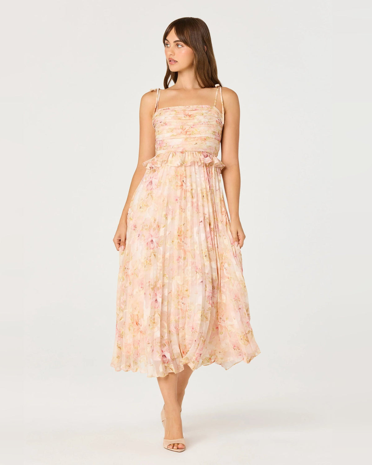 Pink floral midi A-line dress with spaghetti straps and layered ruffle skirt