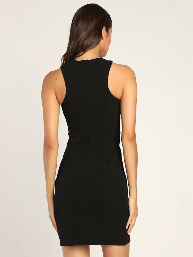Black halter neck mini dress, open back with racerback straps, above-knee length