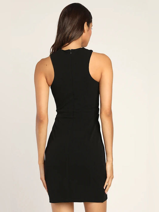 Black halter neck mini dress, open back with racerback straps, above-knee length