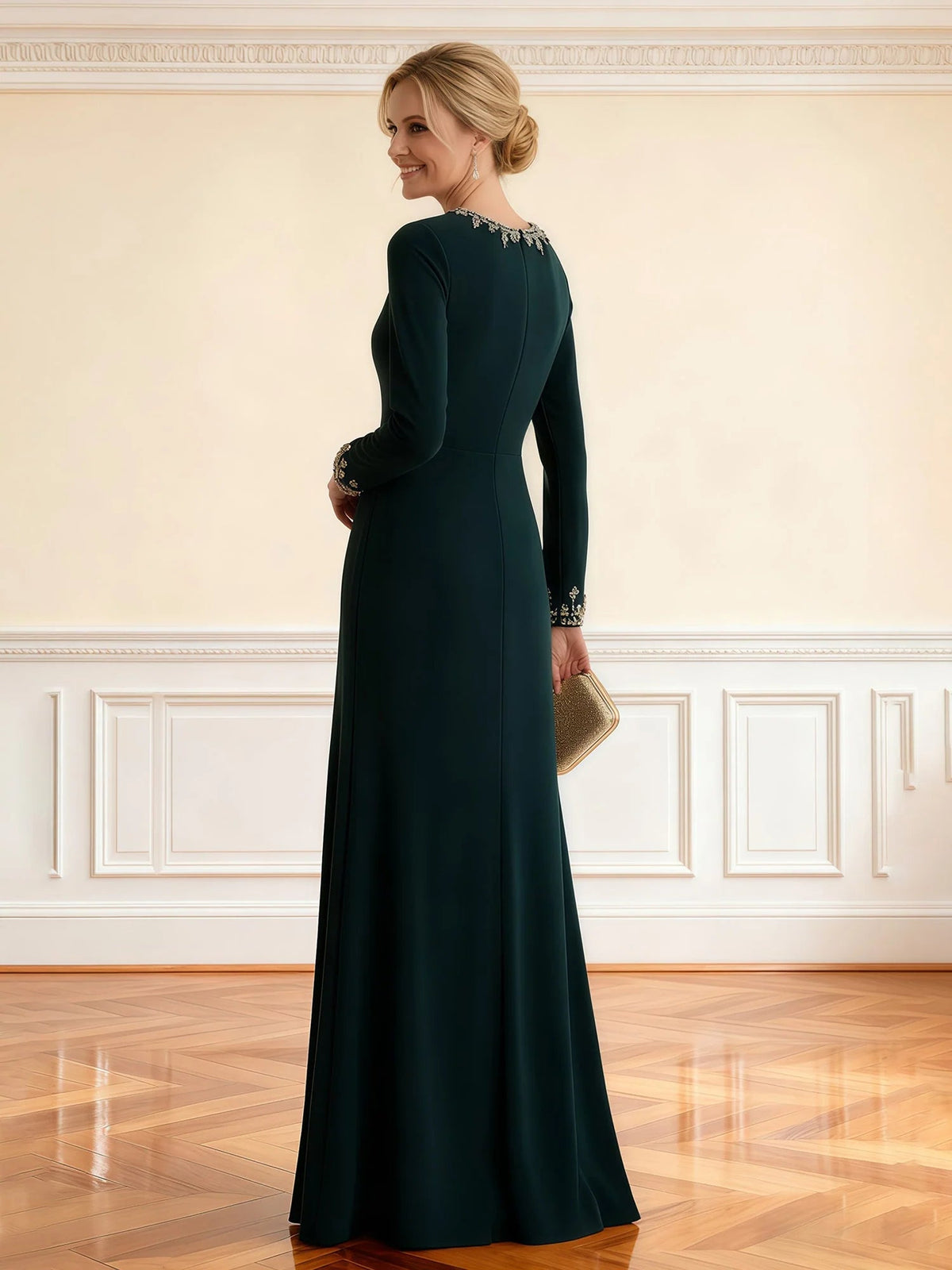 Dark teal long-sleeve sheath dress with beaded high collar, side view, floor-length