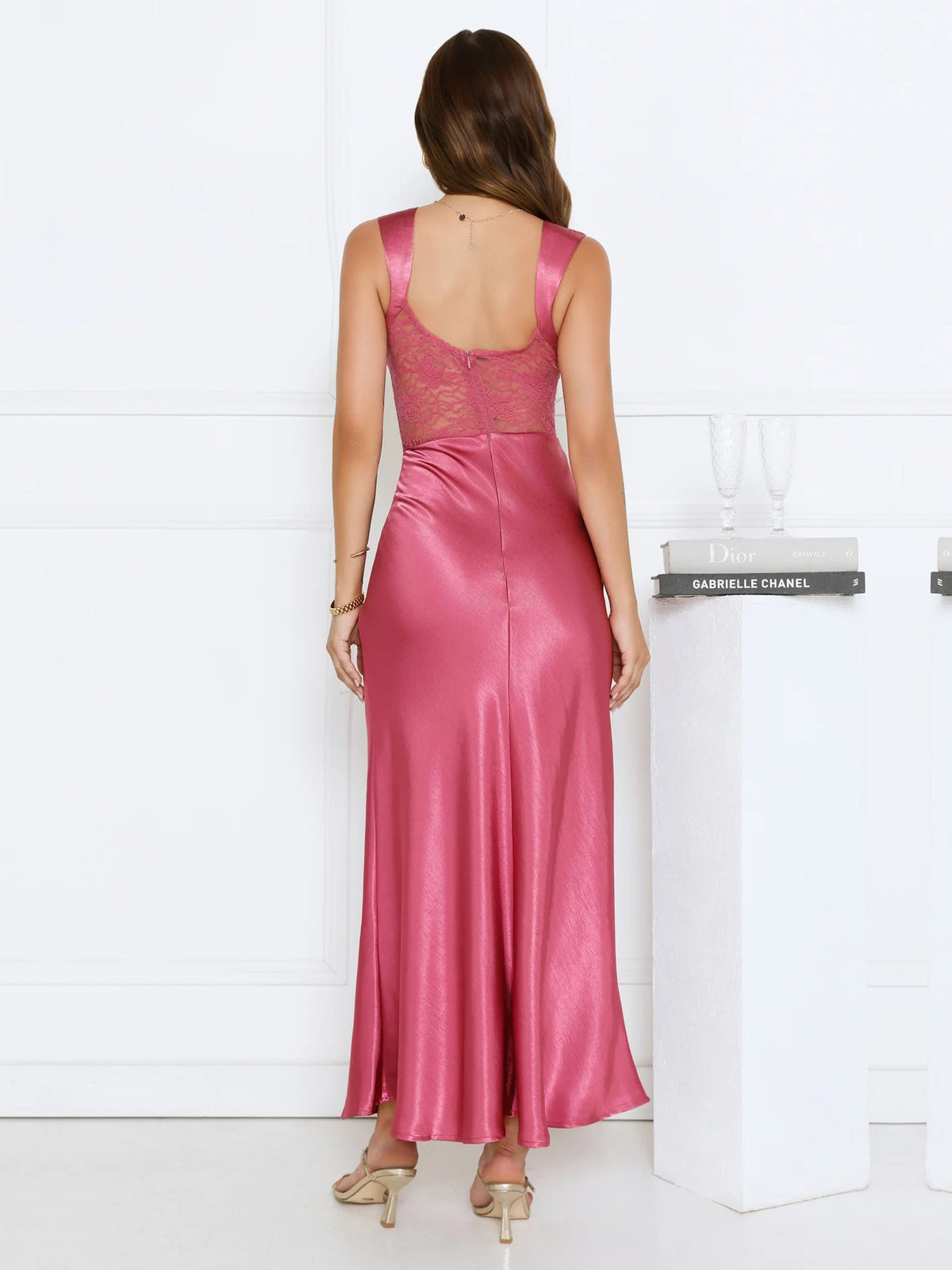 Rose sheath maxi formal dress with sheath, full-length back view