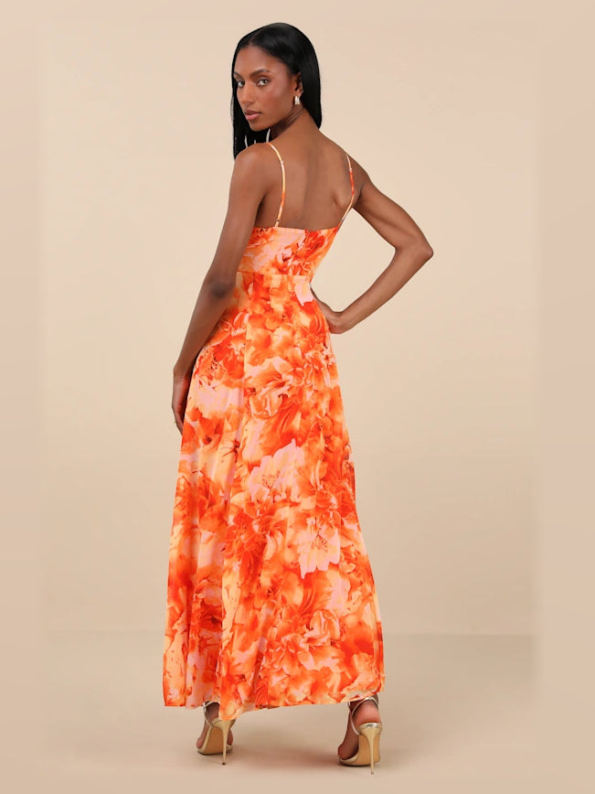 Orange Floral maxi formal dress, back full-length view showing the bodice