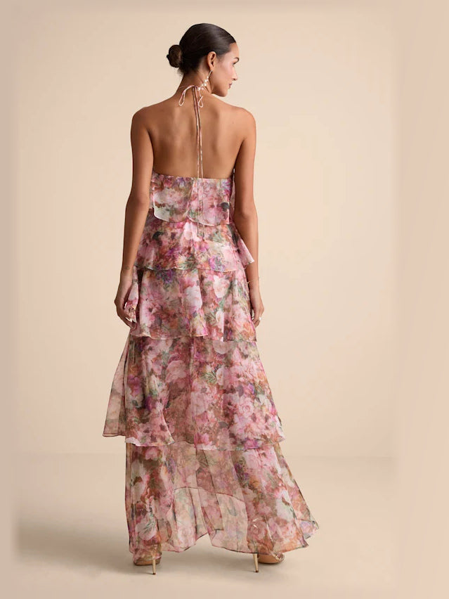 Pink formal dress with halter neck neckline
