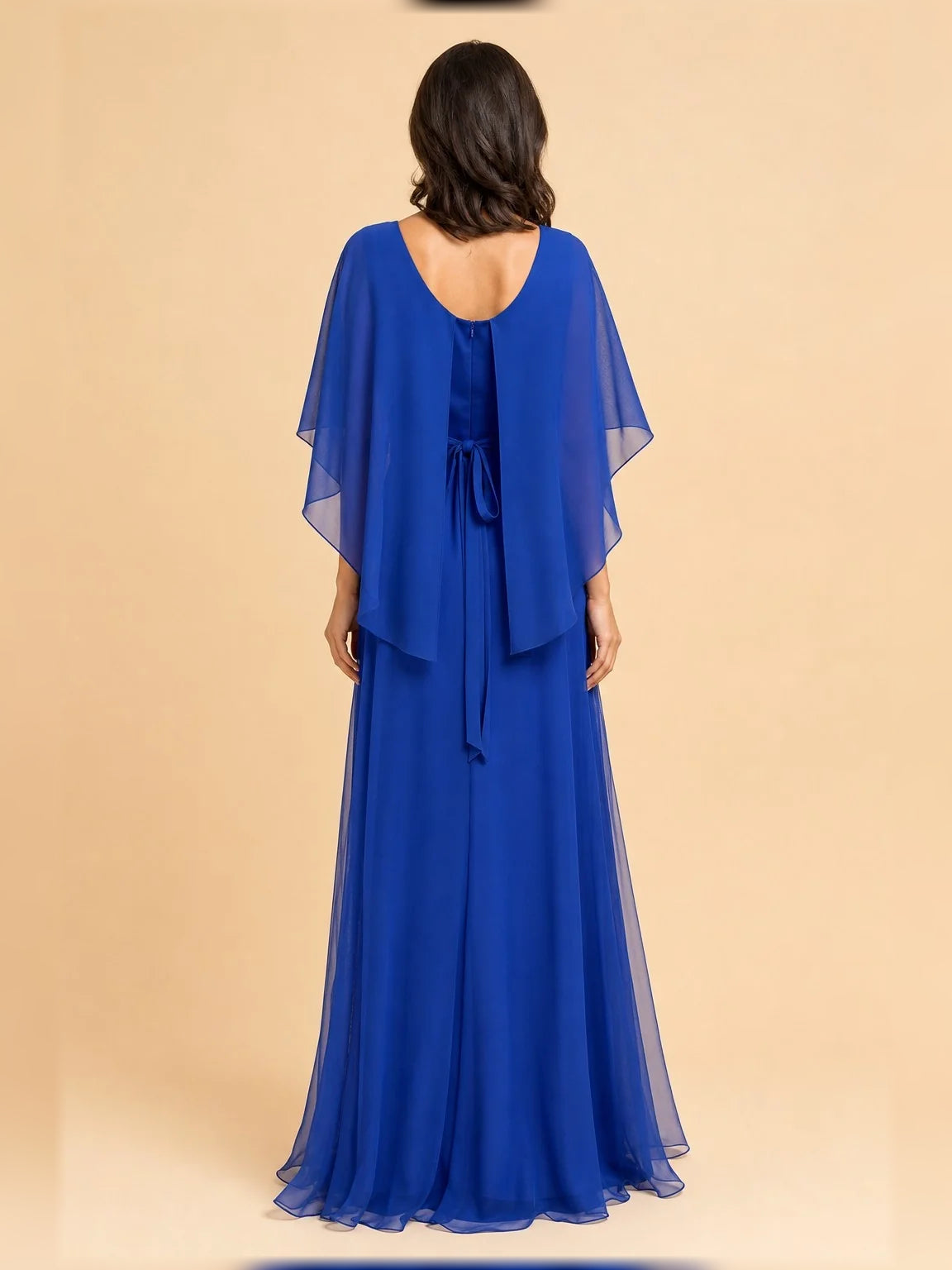 Navy floor-length pleated A-line dress with draped cape back detail