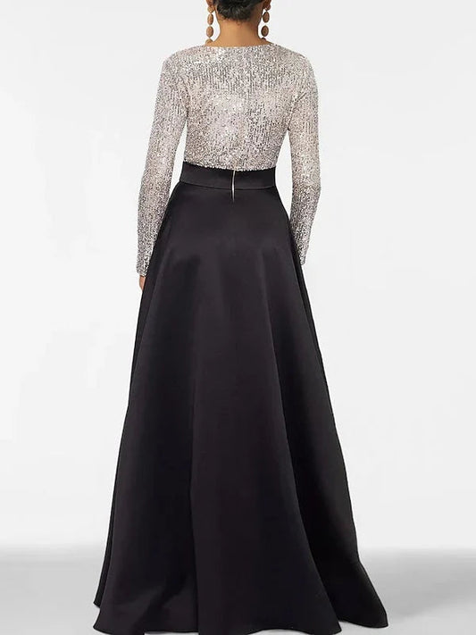 Back view formal dress with silver sequin V-neck and black satin full-length skirt